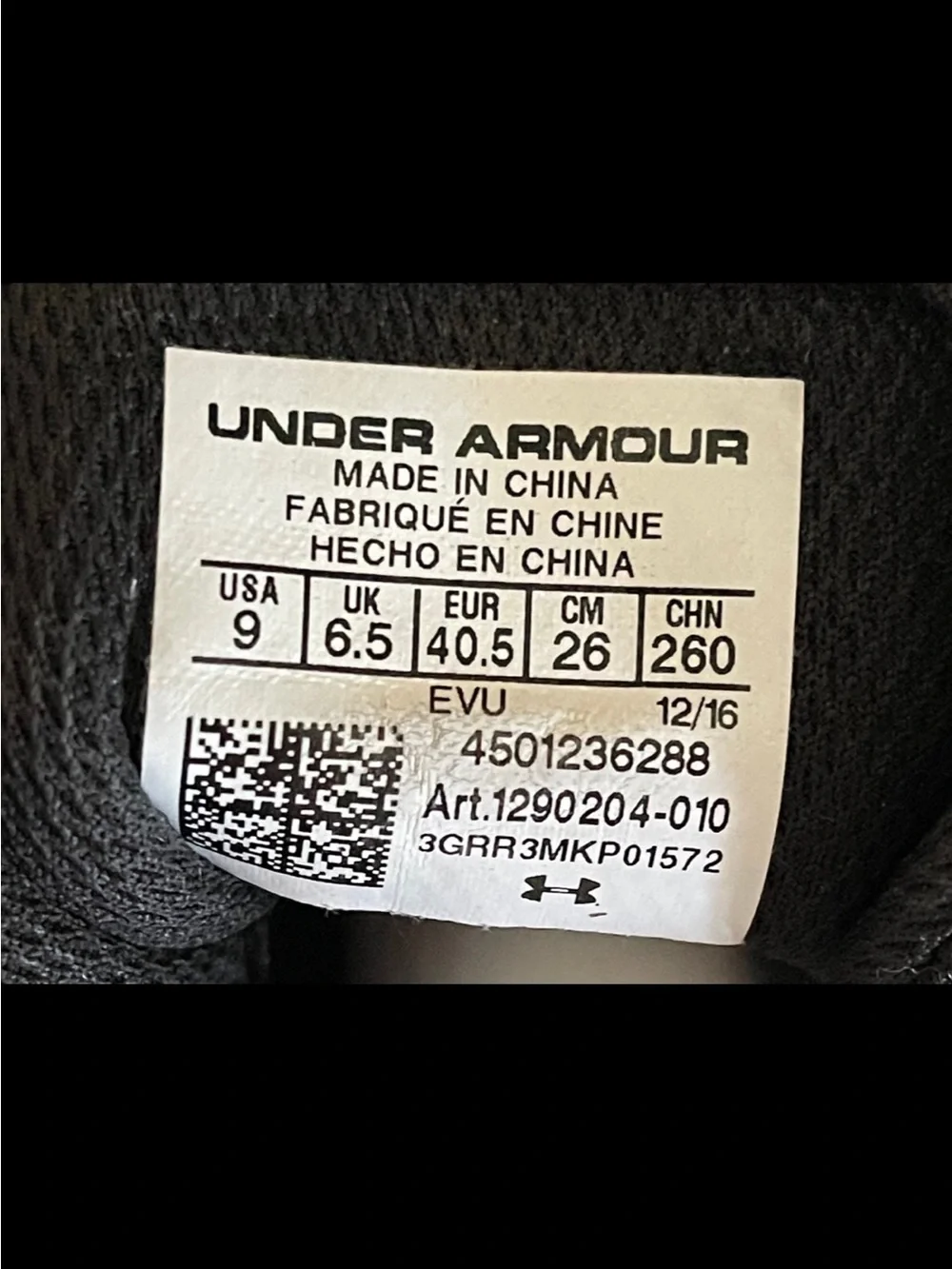 Under Armour Mens Black Sneakers with White Logo